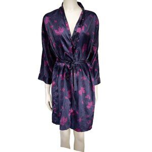 LVER Satin Purple and Pink Floral Kimono Bathrobe Robe sz S/M